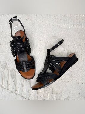 1.State black leather open toe ankle strap wedge heel sandals 7 1/2